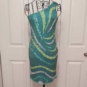 Rampage One-Shoulder Sequin Dress - Teal and Silver